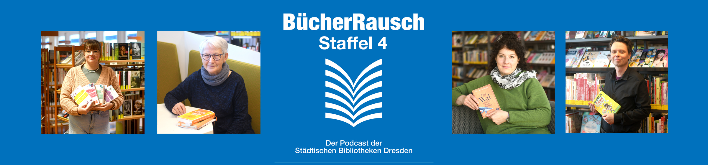Logo des Bücherrausch-Podcast Staffel 4 sowie 4 Fotos von Kolleg*innen