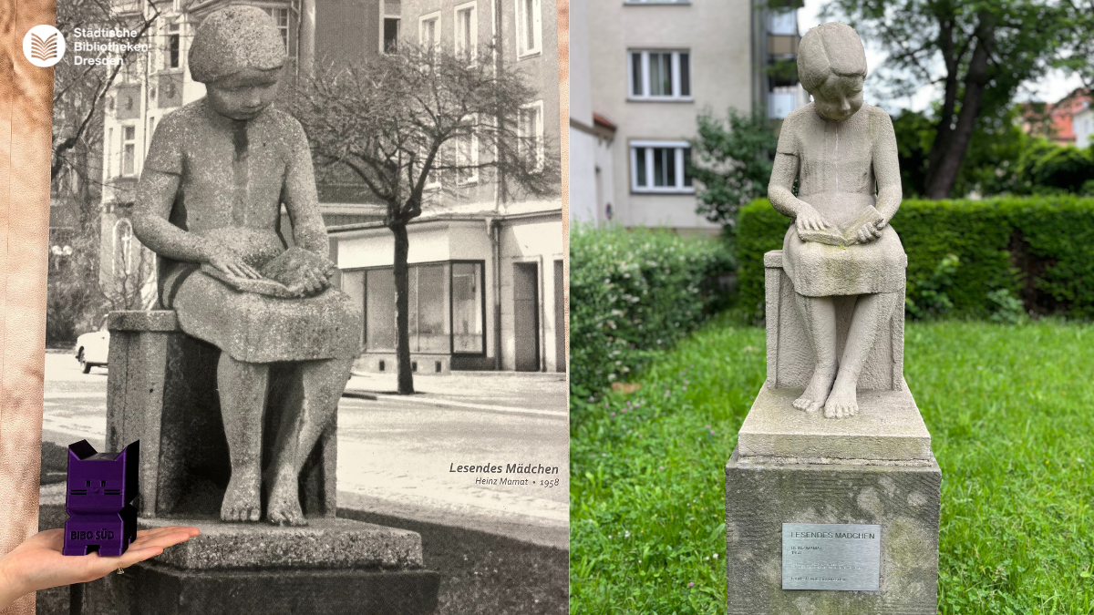 Steinskulptur eines lesenden Mädchens